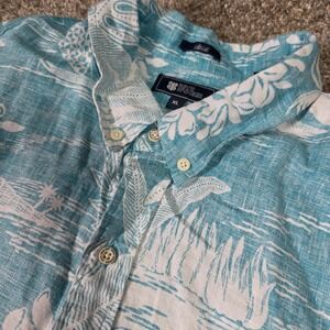 Reyn Spooner Mens XL Classic Fit 100% Linen‎ Hawaiian Shirt Teal Scenic Print